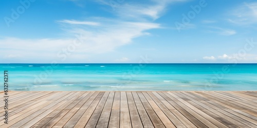 Empty Wooden Deck Flooring with Blue Summer Sky, Clouds, and Turquoise Ocean Sea. Generative ai