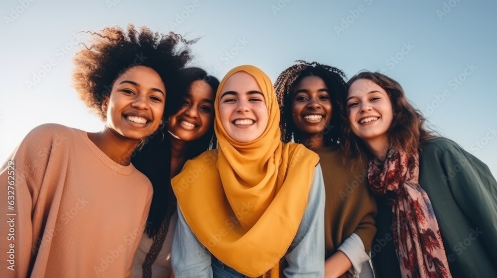 Fototapeta premium A group of young people friends of different nationalities taking selfies and smiling. Portrait, close-up. Group photo