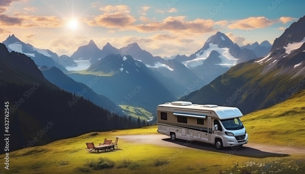 Summer Trip to the Mountains on Motorhome with Parked for Rest in the Scenic Highlands. Generative ai