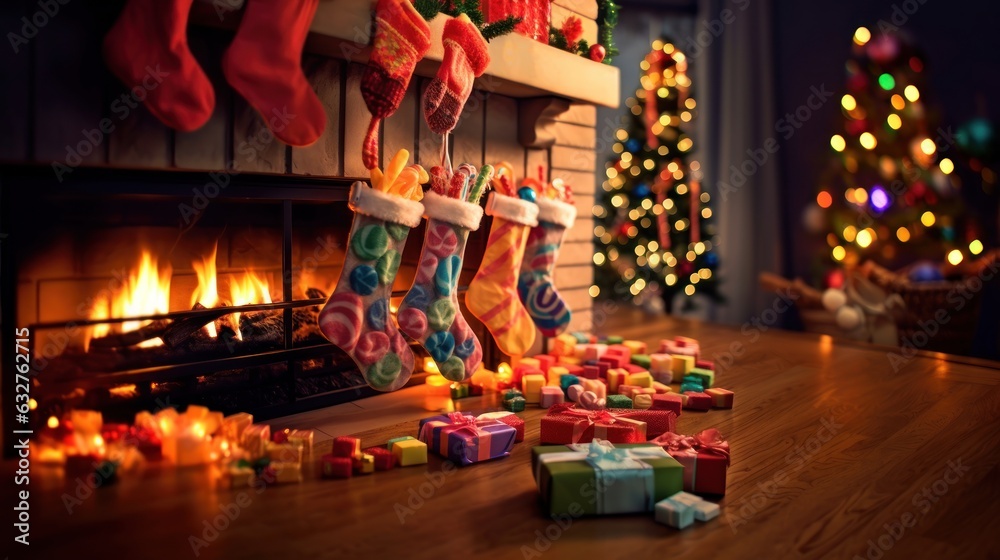 Christmas Tree with Fireplace and Stockings for Xmas Promotion. Christmas Stockings Hanging on Fireplace Mantel Near to Christmas Tree. Christmas Stockings on a Background with a Copy Space.