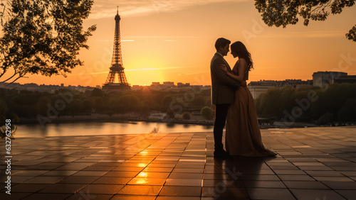 , a couple stands close together, their silhouettes outlined against the backdrop of the iconic Eiffel Tower.