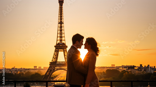 , a couple stands close together, their silhouettes outlined against the backdrop of the iconic Eiffel Tower.