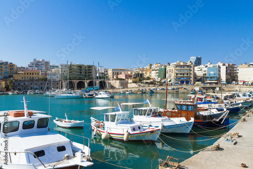 Crete, Heraklion city panoramic skyline view to famous Venetian port.