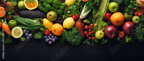 Organic Forest Bounty: A Burst of Nourishment Through Fruits and Vegetables. Top-View, High-Resolution, Accentuated Product Illumination. 