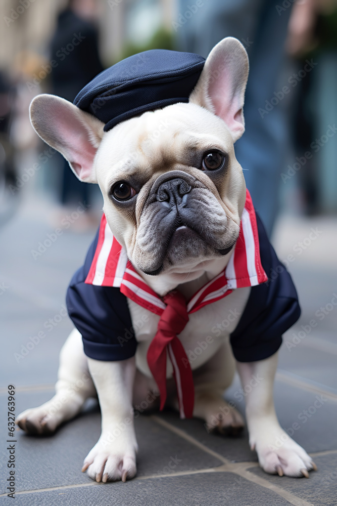 Cute funny french bulldog dog dressed up in traditional french national striped costume.