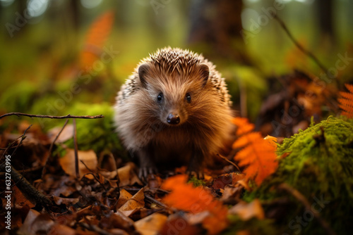 orange leaves in autumn and a hedgehog. Erinaceus europaeus  a European hedgehog. Photo taken with a wide angle lens. With snipes  a cute and funny animal. High quality photo