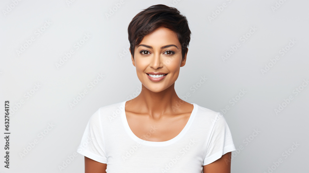 portrait of an attractive indian female in her 30s with a short brown hair isolated against a white background portrait of an attractive indian female in her 30s with a short brown hair isolated against a white background