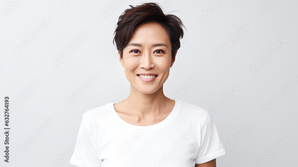 portrait of an attractive asian female in her 30s with a short black hair isolated against a white background portrait of an attractive asian female in her 30s with a short black hair isolated against a white background