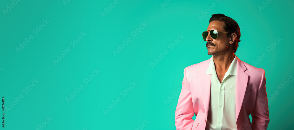 Obraz premium Man Dressed in a 1980s Pink Pastel Suit with Copy Space on a Teal Banner