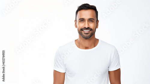 portrait of an attractive indian male in his 30s with a beard smile and looking into the camera isolated against a white background