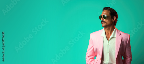 Man Dressed in a 1980s Pink Pastel Suit with Copy Space on a Teal Banner photo