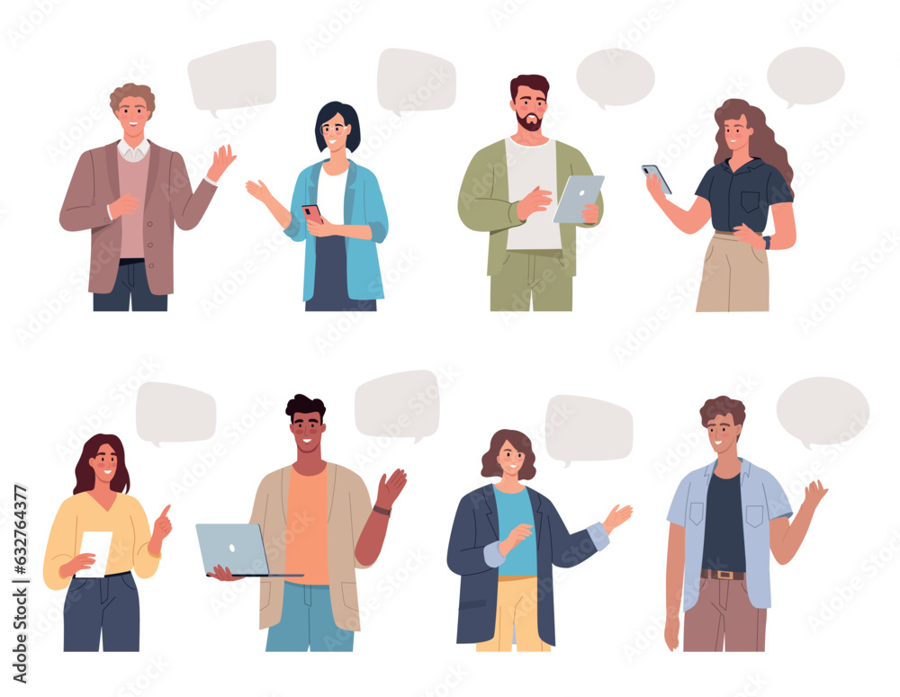 Modern people characters design communicate and use various gadgets for connection online. White isolated set Modern people characters design communicate and use various gadgets for connection online. White isolated set