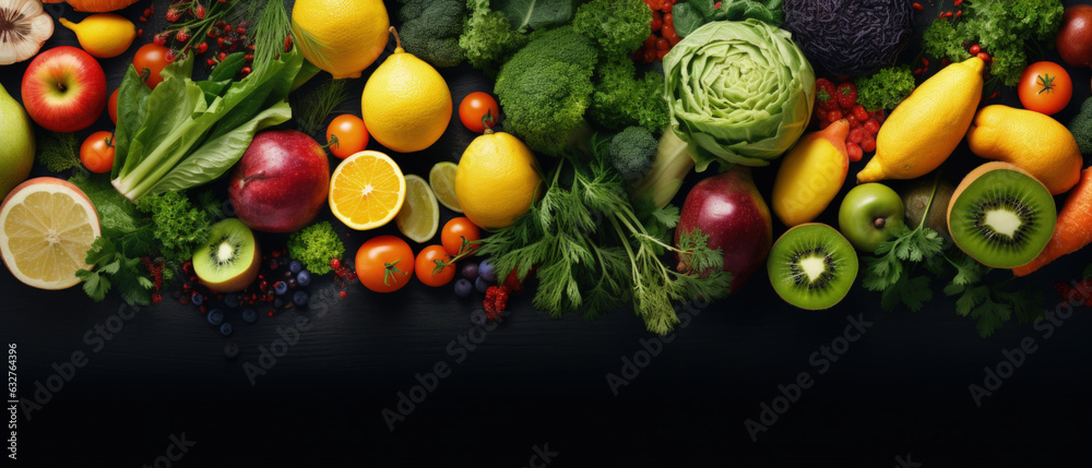 Organic Forest Bounty: A Burst of Nourishment Through Fruits and Vegetables. Top-View, High-Resolution, Accentuated Product Illumination.
