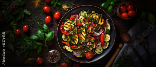 Vibrant Summer Salad: Grilled Vegetables, Paprika, Zucchini, Eggplant, Cherry Tomatoes, and Mixed Herbs. Top-View Banner with Detailed Wide Angle Shot.

