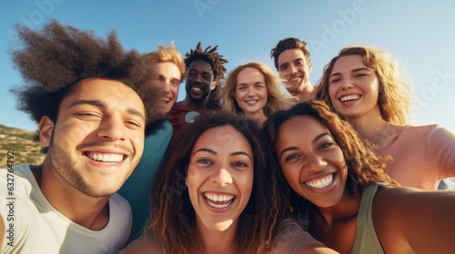 A group of young people friends of different nationalities taking selfies and smiling. Portrait, close-up. Group photo