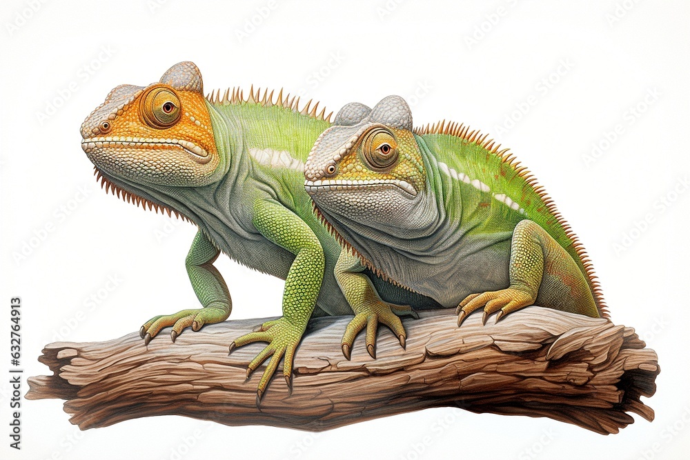 Fototapeta premium chameleon sitting on a branch isolated on white background.