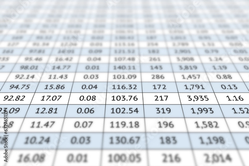 Digital summary table with numerical data