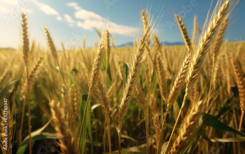 Close up of golden wheat field under blue sky.