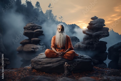 Indian Guru. Sadhu Meditation on a Mountain. Meditation. Yoga. A man with a long white beard sitting on a rock. Old Indian Guru Meditation. Yoga Teacher. Guru. Background with a copy space. 