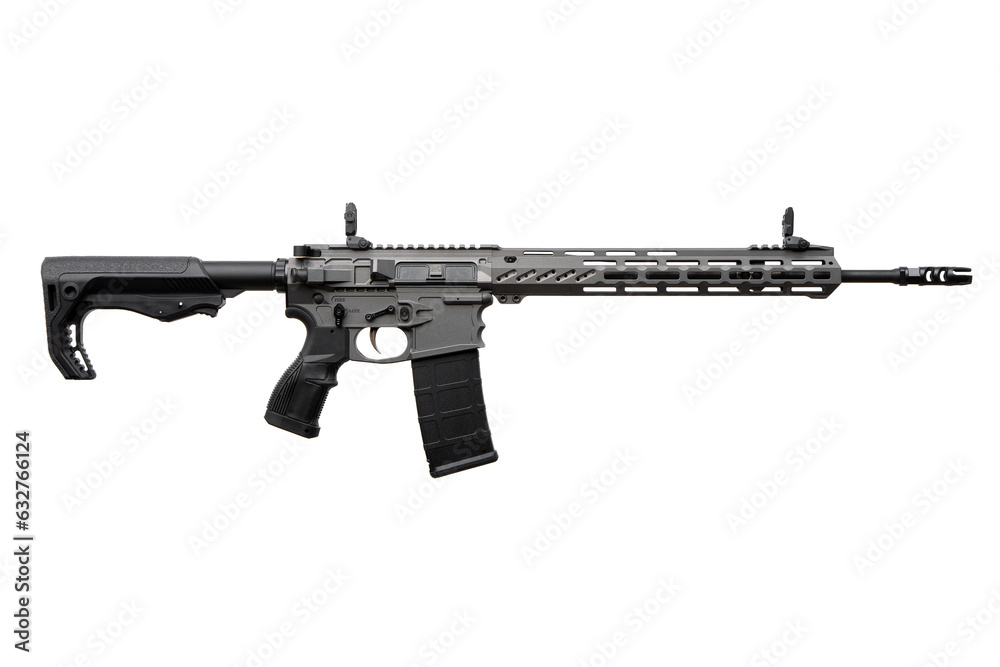 Modern automatic carbine with mechanical sights. Weapons for sports and self-defense. Armament of special forces and the army. Isolate on a white back.