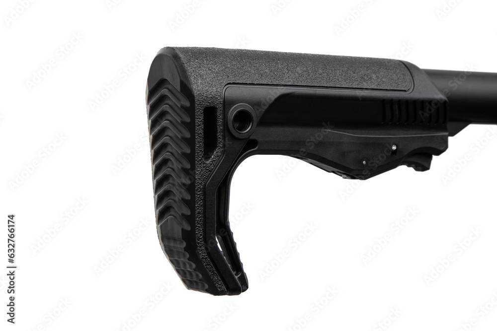 Close-up of the butt of a modern automatic carbine. Plastic stop for secure fixation of the weapon when shooting. Isolate on a white back Close-up of the butt of a modern automatic carbine. Plastic stop for secure fixation of the weapon when shooting. Isolate on a white back