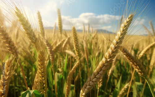 Close up of golden wheat field under blue sky.