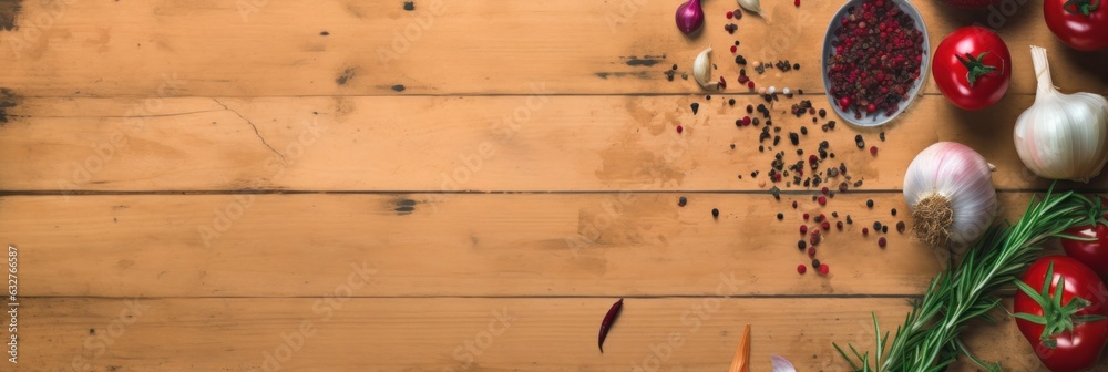 illustration of frying onions, pepper, garlic, and ketchup on old wooden board, generative AI illustration of frying onions, pepper, garlic, and ketchup on old wooden board, generative AI