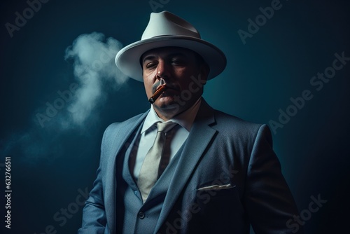 Retro 1950s Gangster Smoking a Cigar with Copy Space on a Blue Background