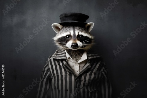 A raccoon in a prisoner's striped clothes. The animal is in prison. Arrested for looting garbage cans. Cute criminal. Zoo concept. 
