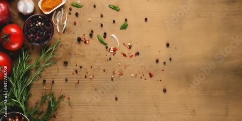 illustration of frying onions, pepper, garlic, and ketchup on old wooden board, generative AI