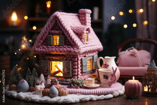 Cute Handmade knitted pink Christmas lantern house decoration 