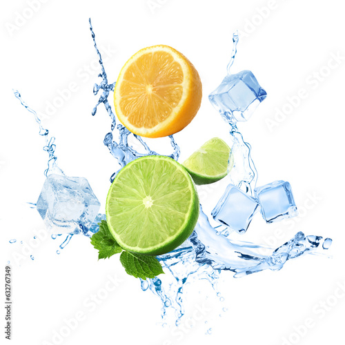 Flying juicy citrus fruits with cold ice  mint and splashing fresh water on white background