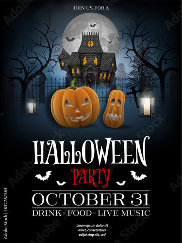 Halloween poster with pumpkins and haunted house