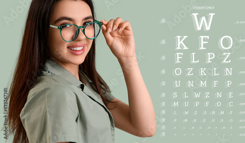 Fototapeta Naklejka Na Ścianę i Meble -  Young woman in glasses and with eye test chart on color background