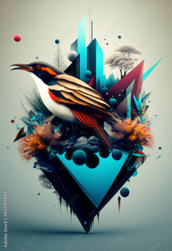 Abstract Nature Design of A Bird Perched in The Center of Shapes and Trees.