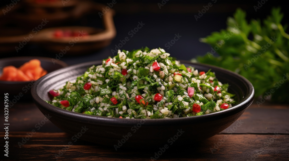 Middle Eastern Delight: Tabbouleh Salad with Quinoa and Fresh Ingredients. Top-View on Black Table Background.
