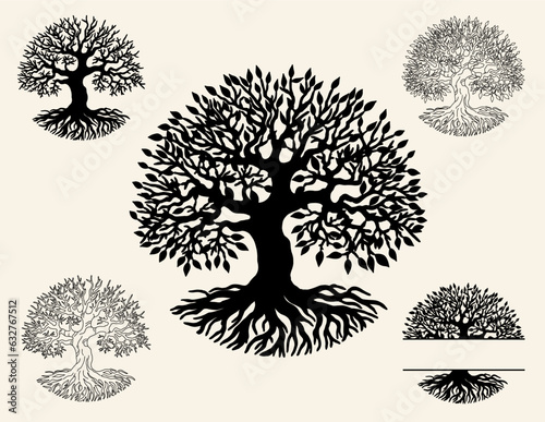 Canvas Print Ancient Tree of Life Vector Set, Hand-drawn Tree Clipart, Family Name Split Tree