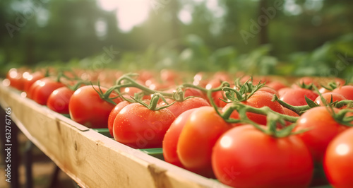 Harvesting ripe red tomatoes. Crate storage, digital ai