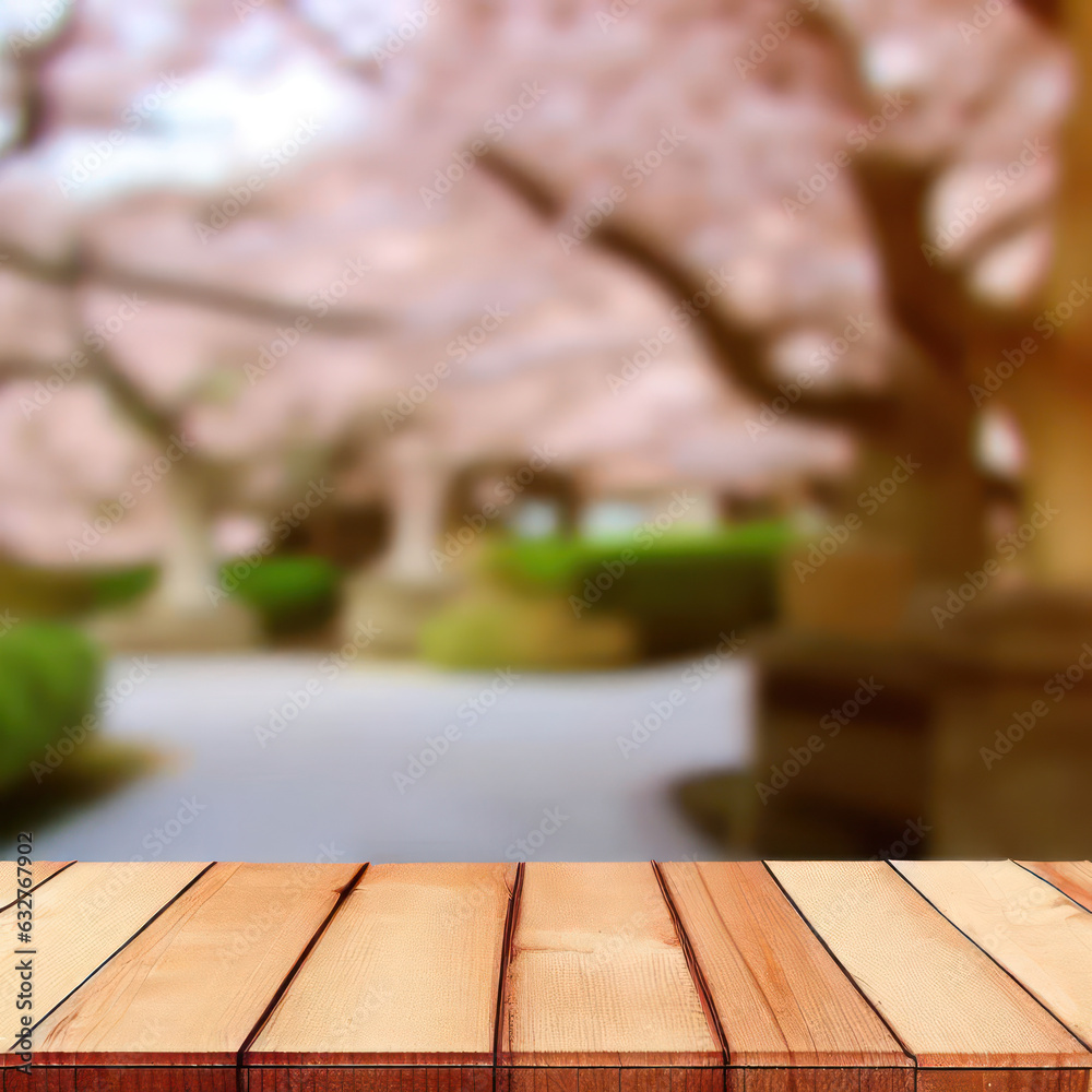 blank wooden table with  Japanese sakura garden background