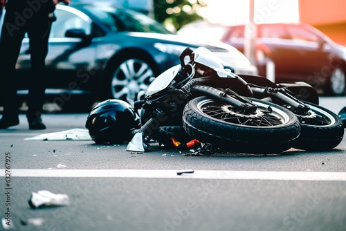 Motorbike destroyed after car accident in the street photo