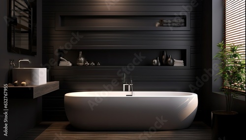 a modern bathroom features black walls Generative AI