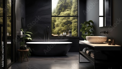 a modern bathroom features black walls Generative AI