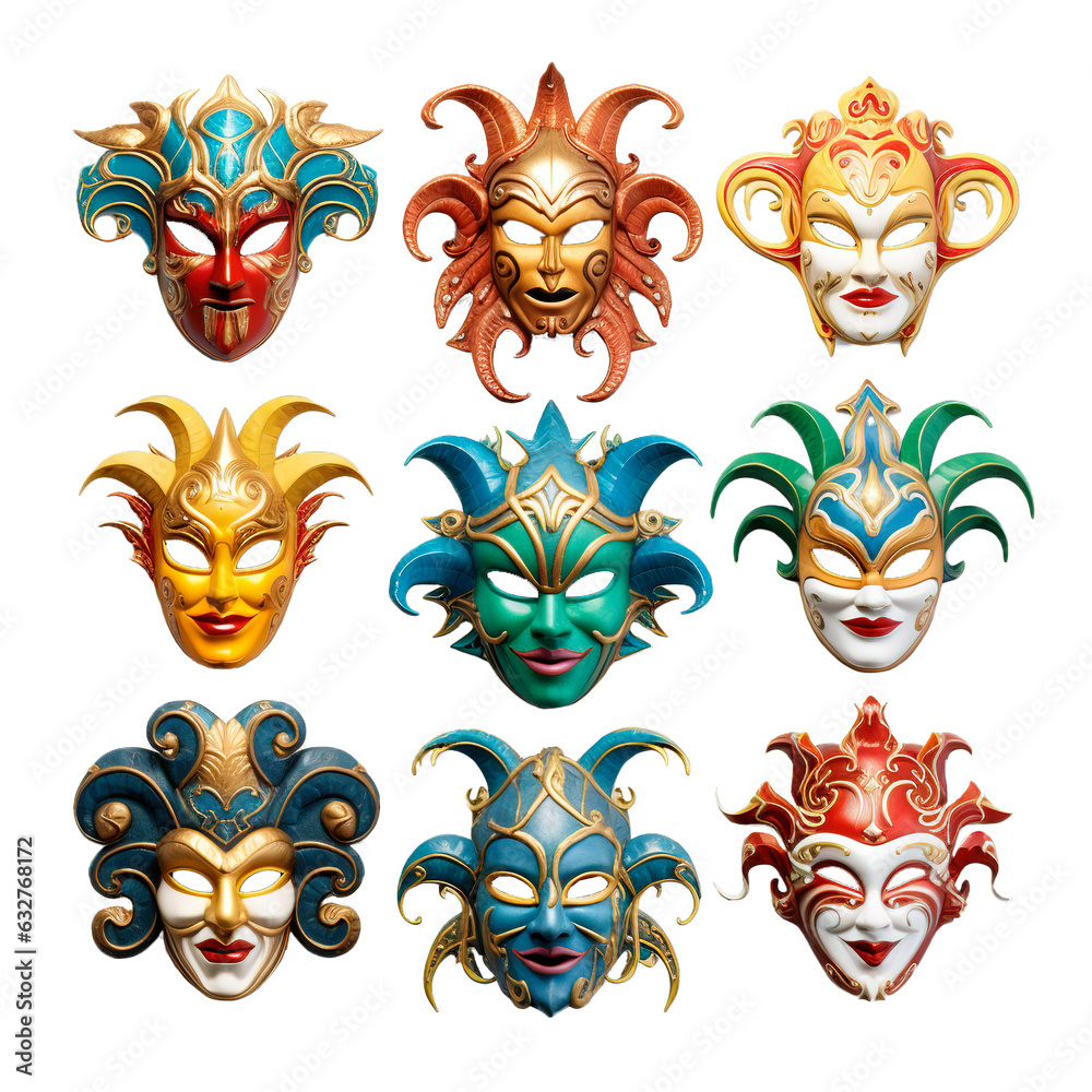 Set of colorful festival masks over transparent background Set of colorful festival masks over transparent background