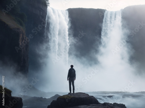 man standing in front of a majestic waterfall