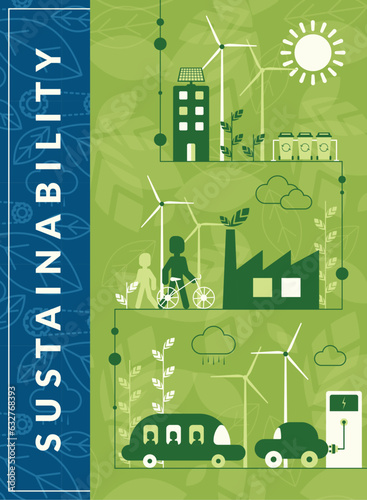 Green vertical ecological sustainability poster with flat icons Vector illustration