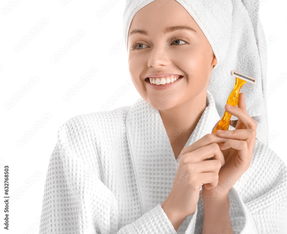 Young woman with razor on white background, closeup Young woman with razor on white background, closeup