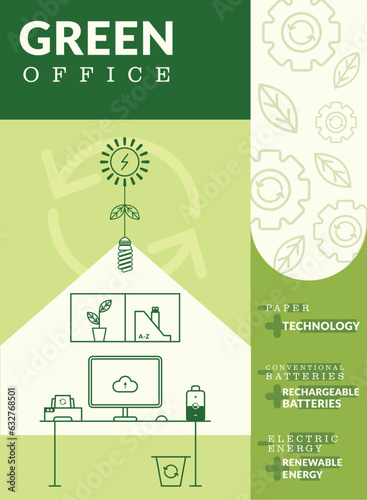 Green vertical green office poster with flat icons Vector illustration