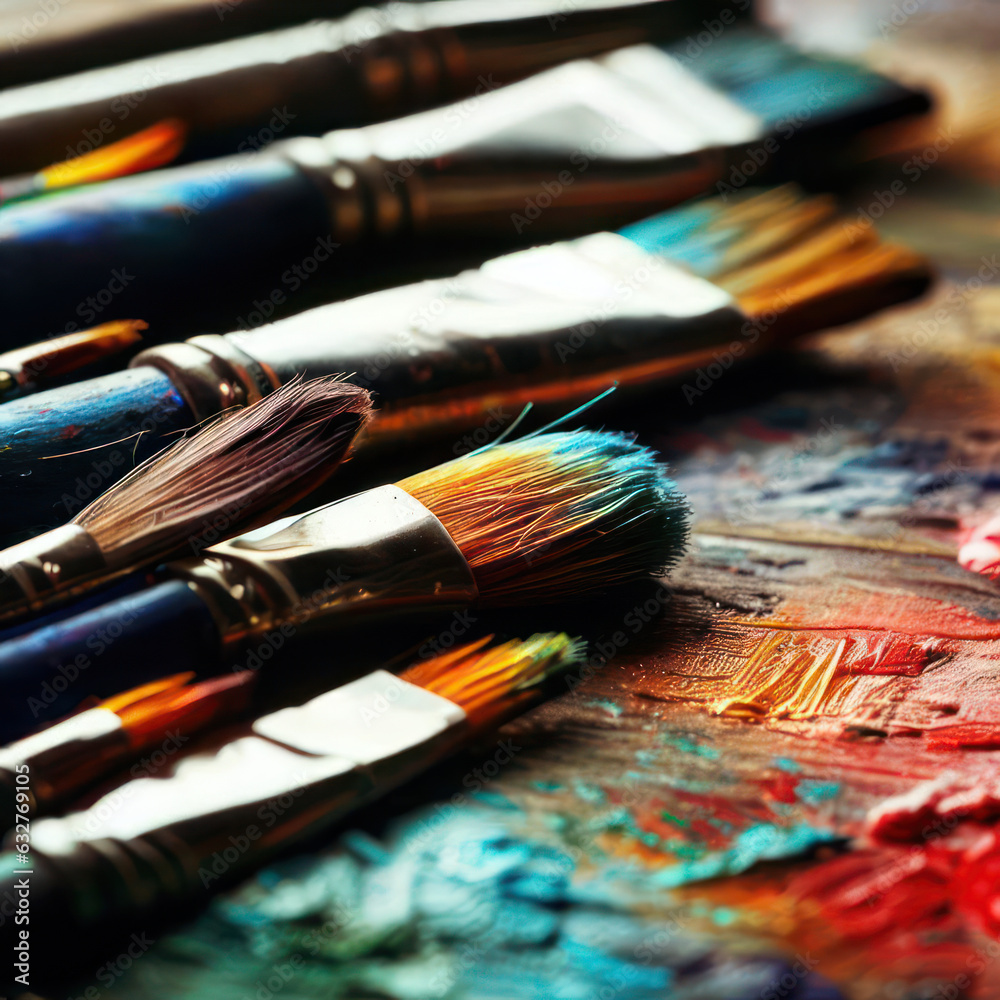 Obraz premium Arranged used paint brushes,watercolor painting tool.generative AI