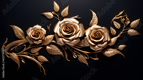 Fototapeta Naklejka Na Ścianę i Meble -  Golden roses on black background. Elegant golden roses flowers wall art

