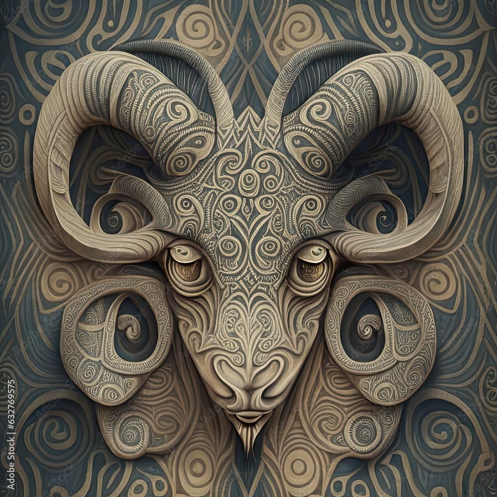The head of a aries (ram) monster with an Arabesque pattern on the skin. Decorative rosette with a fantastic animal. The brown beast. The head of a aries (ram) monster with an Arabesque pattern on the skin. Decorative rosette with a fantastic animal. The brown beast.